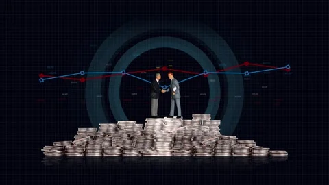 Two miniature men shaking hands on a pile of coins. Video stock 273839080