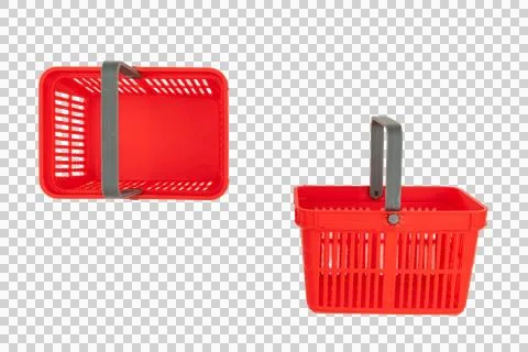 Two miniature red shopping baskets top and side view isolated PNG Stock Photos