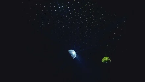 Two mirror balls, rope ladders and cables during a circus show. Lightning Stock Footage 100348191