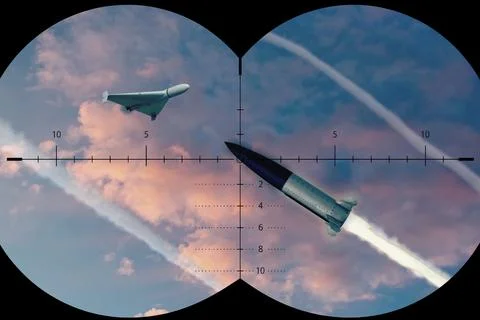Two missiles in sight through targeting scope over dramatic cloudy sky Stock Photos