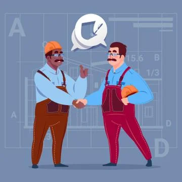 Two Mix Race Builders Shaking Hands Agreement Concept Cartoon Business Man Stock Illustration