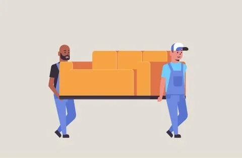 Two mix race couriers in uniform moving couch express delivery service concept Stockillustratie