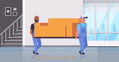 Two mix race couriers in uniform moving couch express delivery service concept イラスト素材