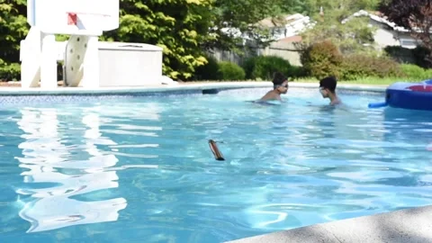 Two mixed boys have a fun in the swimming pool Stock Footage 136493165