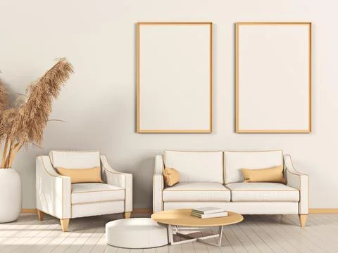 Two mock up poster frames with big plant and fabric armchair Stock Illustration