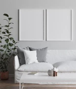 Two mock up posters frame in interior background, Scandinavian style living room Stock Illustration