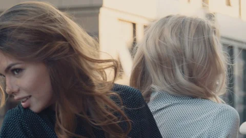 Two models of the girl sit on the gothic railing. Smiling close-up. Stock Footage 104237381