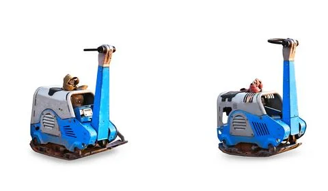 Two models of reversible vibratory plates isolated on a white background. E.. Stock Photos