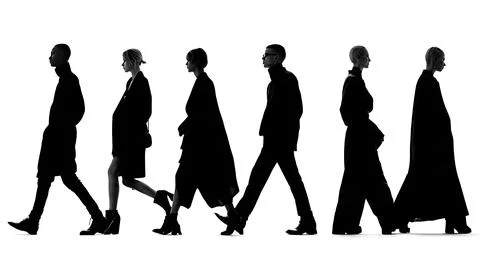 Two Models Walking Side-by-Side Silhouette Set Stock Illustration
