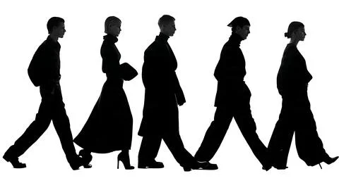 Two Models Walking Side-by-Side Silhouette Set Stock Illustration