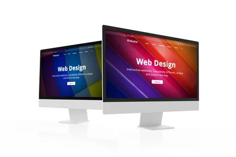 Two modern computer displays featuring web design studio concept page. Design Stock Illustration