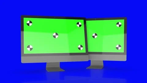 Two Modern computers with green screen, isolated on blue background . 3d render. Stock Illustration