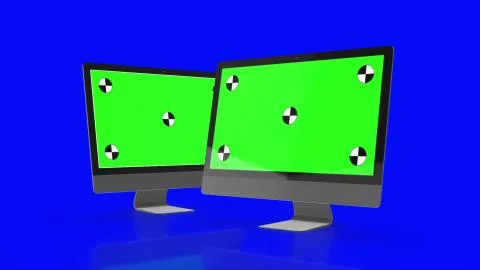 Two Modern computers with green screen, isolated on blue background . 3d render. Stock Illustration