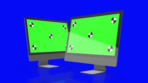 Two Modern computers with green screen, isolated on blue background . 3d render. Illustrazione stock
