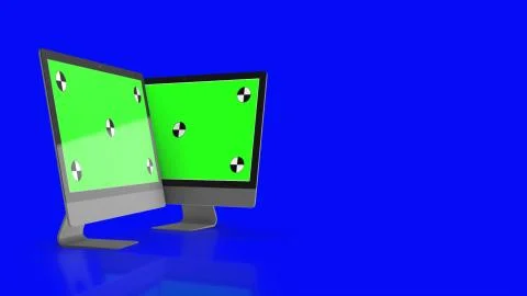 Two Modern computers with green screen, isolated on blue background . 3d render. Stock Illustration