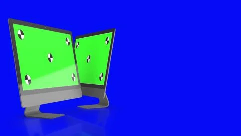 Two Modern computers with green screen, isolated on blue background . 3d render. Stock Illustration