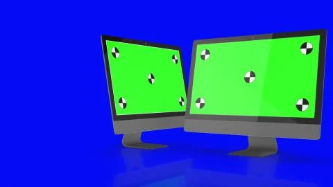 Two Modern computers with green screen, isolated on blue background . 3d render. Stock Illustration