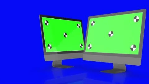 Two Modern computers with green screen, isolated on blue background . 3d render. Stock Illustration