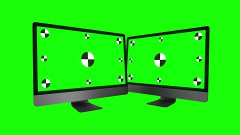 Two modern computers with green screen, isolated on blue background. 3d render. Illustrazione stock