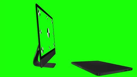 Two modern computers with green screen, isolated on blue background. 3d render. Stock Illustration
