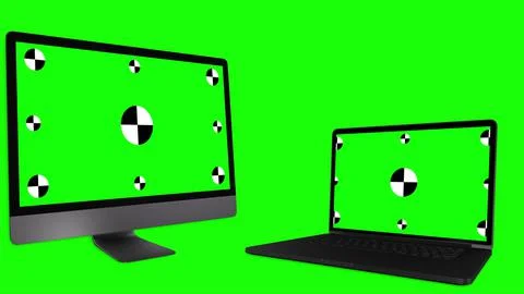 Two modern computers with green screen, isolated on blue background. 3d render. Illustrazione stock