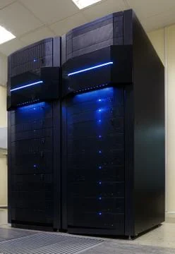 Two modern supercomputers in  computational data center 스톡 사진