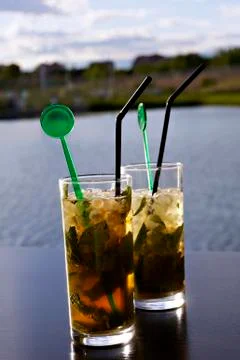 Two mojito, Cocktail with lime, mint and ice cubes Stock Photos