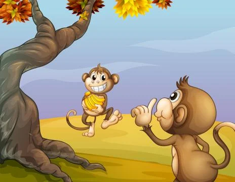 Two monkeys beside the big tree Illustrazione stock