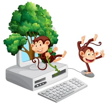 Two monkeys on computer screen Stock Illustration