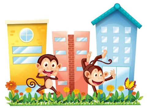 Two monkeys dancing in front of the buildings 스톡 일러스트