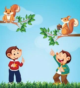 Two monkeys looking at squirrels in garden Stockillustratie