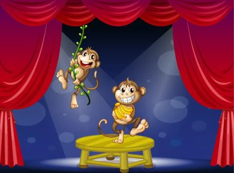 Two monkeys performing on the stage Stock Illustration