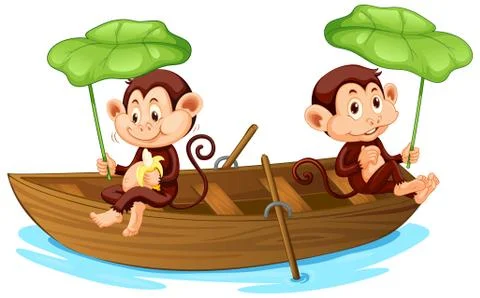 Two monkeys rowing boat in the river Stock-Illustration