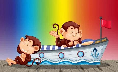 Two monkeys sleeping on rainbow gradient background Stock Illustration