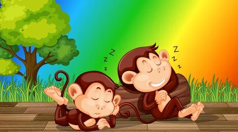 Two monkeys sleeping on rainbow gradient background Stock Illustration