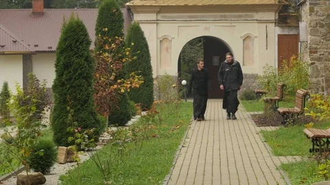Two Monks of Manyava Skete John the Baptizer Day Orthodox Male Cloister in Stock Footage 71632194