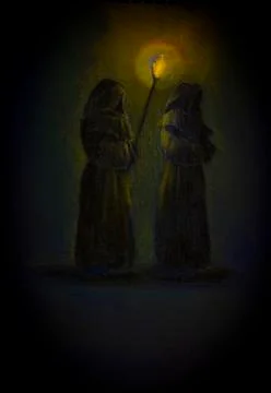 Two monks with a torch Illustrazione stock