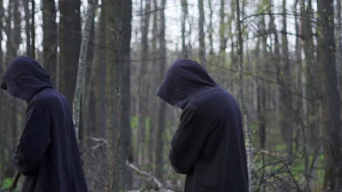Two monks walk through the forest in cloaks Video stock 196607705