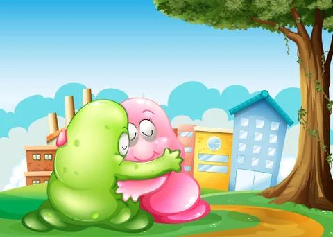 Two monsters at the hilltop hugging each other near the tree Stock Illustration