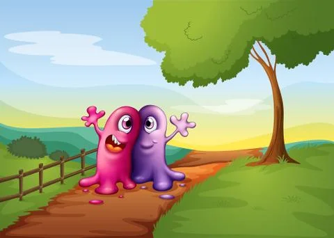 Two monsters walking at the pathway in the hilltop Illustrazione stock