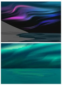 Two Moody Aurora Ocean Landscape Panels Illustration Stock Illustration