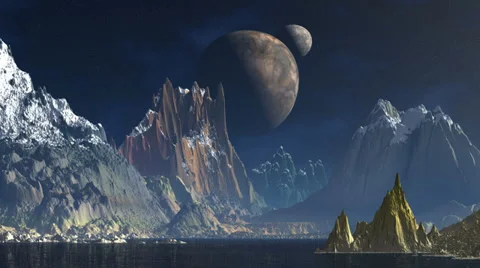 Two moon on a background of mountains Stock Footage 35773697