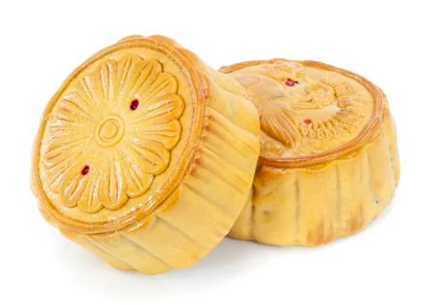 Two moon cakes on white background Stock Photos