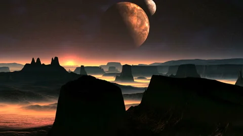 Two Moons And Sunrise On A Planet Of Aliens Stock Footage 65711199