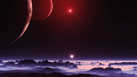 Two Moons and Two Suns over Alien Planet 스톡 동영상 92123647