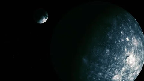 Two moons or planets floating in dark space, with a large cratered body on .. Video stock 340383458