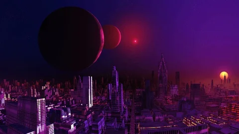 Two Moons over Alien City Stock Footage 109362394
