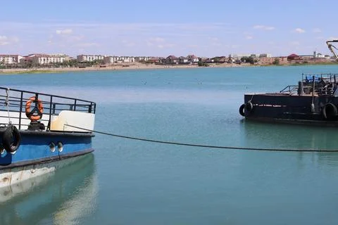 Two moored ships on a sunny day at the pier 스톡 사진