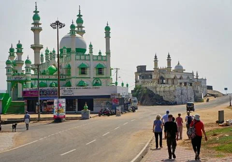 Two mosques and commercial complex in the city of Kovalam in Kerala, India. D Stock Photos