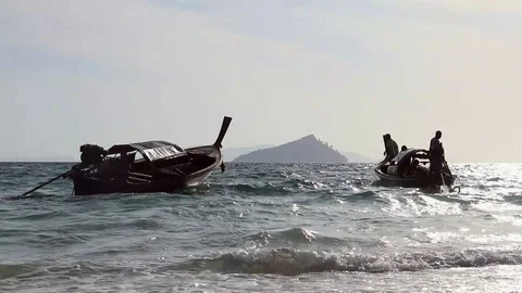 Two Motor Boats Swing On The Waves Stock Footage 86255486